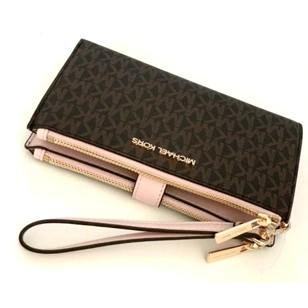 Michael kors Large Double Zip Wallet Brown with pink Wristlet in Signature Mk - Picture 1 of 6